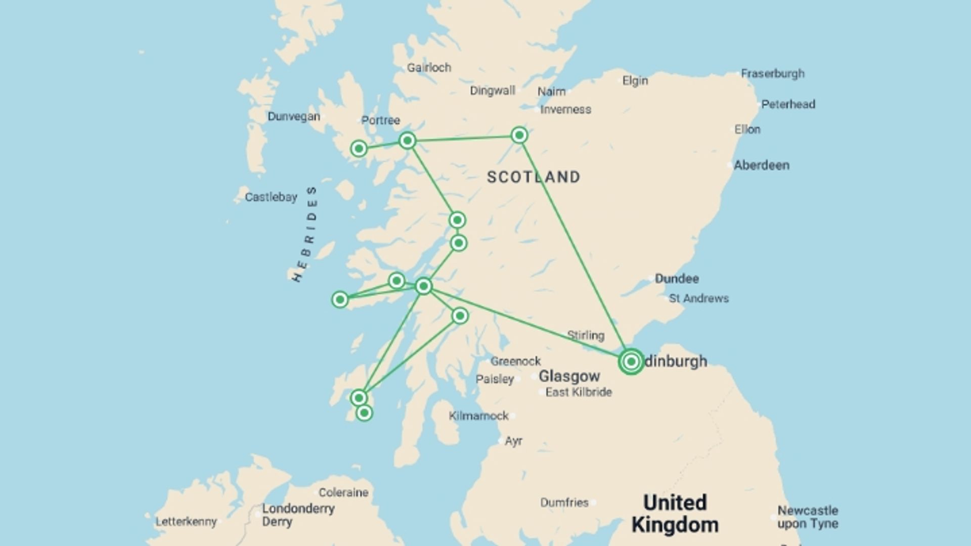 A map showing the tour itinerary for the trip: Wild Scotland & Whisky Explorer - 8 days, starting in Edinburgh, Scotland and ending in Edinburgh, Scotland going through 4 other destinations.