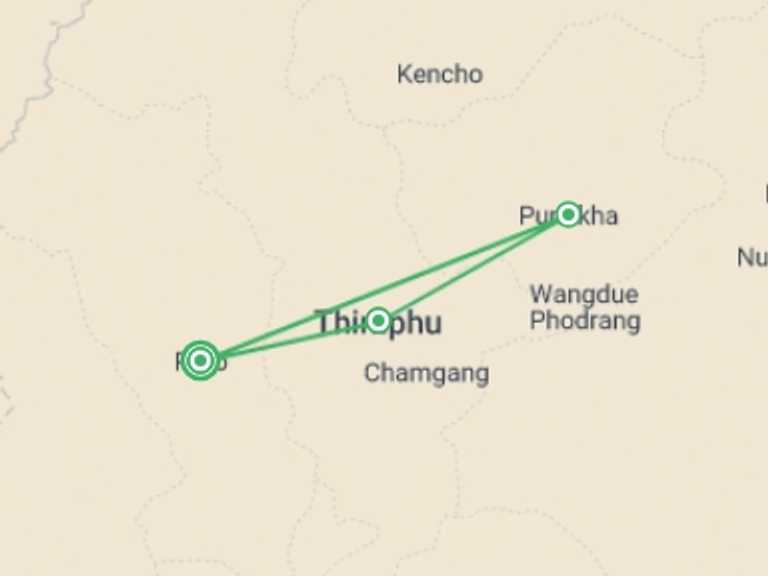 Map itinerary of Asia Tour in October 2026 with 3 destination visits for the trip: Mystical Bhutan