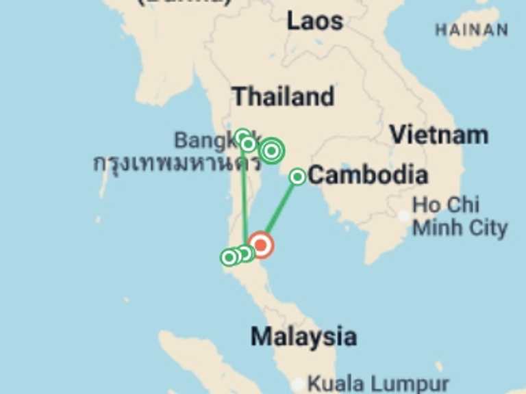 Map of Thailand Explorer Tour with 10 destination visits for the trip: Family Thailand Active Jungle and Beach Adventure