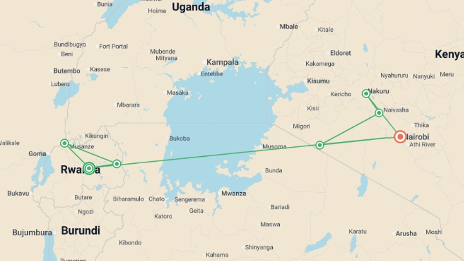 A map showing the tour itinerary for the trip: Journeys: Legendary Wildlife of Rwanda & Kenya, starting in Kigali, Rwanda and ending in Nairobi, Kenya going through 5 other destinations.