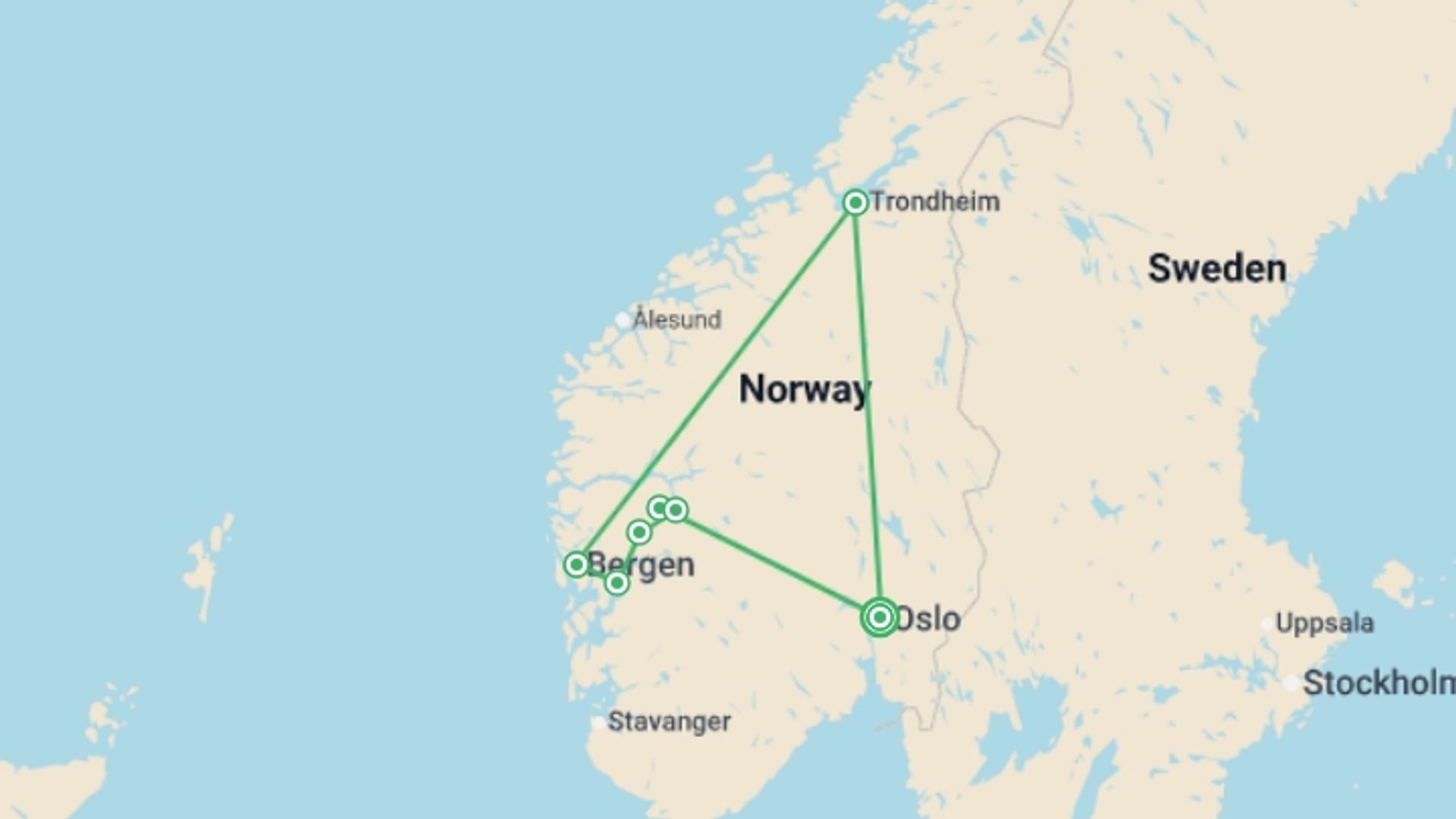 A map showing the tour itinerary for the trip: Fjords, Cruise & Coast - 9 days, starting in Oslo, Norway and ending in Oslo, Norway going through 4 other destinations.