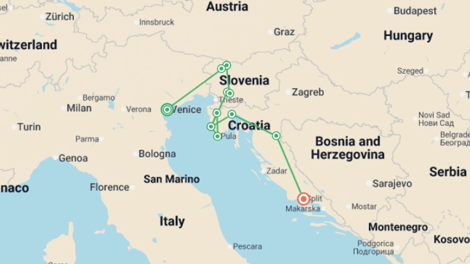 A map showing the tour itinerary for the trip: Gondolas, Lakes & Split - 9 Days, starting in Venice, Italy and ending in Split, Croatia going through 4 other destinations.