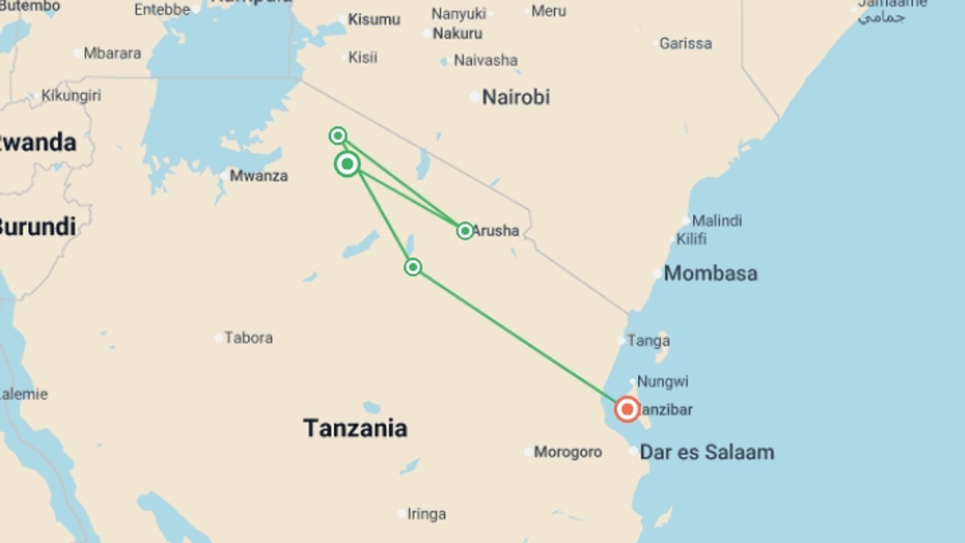A map showing the tour itinerary for the trip: Zanzibar Safari Tour Wildebeest Migration Season, starting in Serengeti National Park, Tanzania and ending in Zanzibar, Tanzania going through 3 other destinations.
