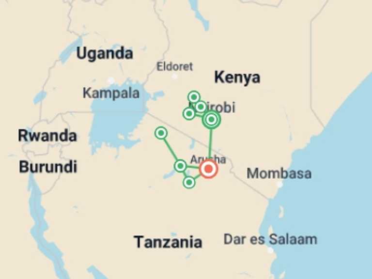 Map of 15-Day Nairobi Tour with 7 destination visits for the trip: Premium Kenya & Tanzania