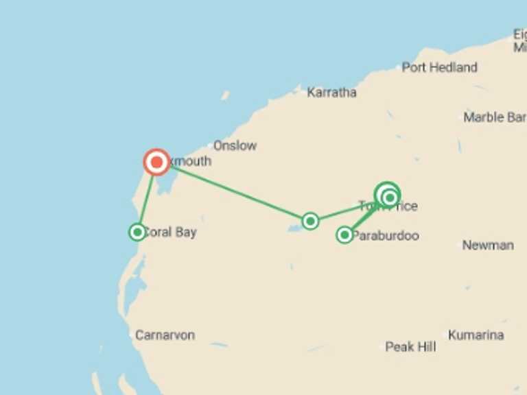 Map of Oceania Tour with 6 destination visits for the trip: Walk Western Australia's Karijini & Ningaloo Reef