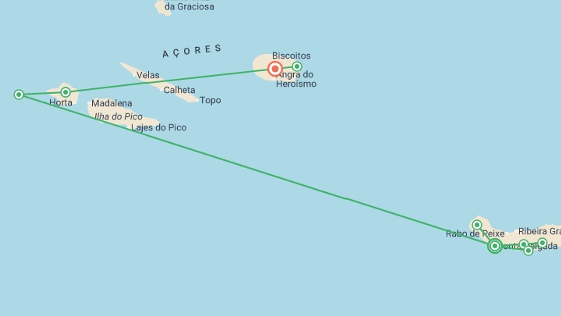 A map showing the tour itinerary for the trip: Wonders of the Azores - 11 days, starting in Ponta delgada, Portugal and ending in Terceira Island, Portugal going through 2 other destinations.