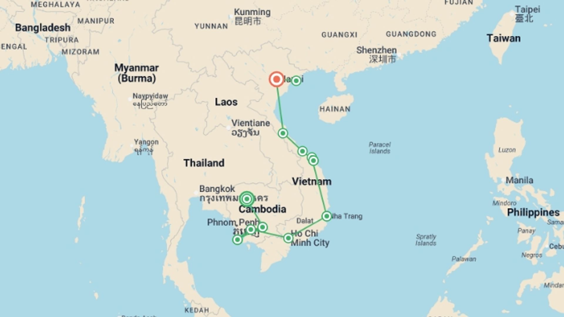 A map showing the tour itinerary for the trip: Cambodia to Vietnam: Lanterns, Nightlife & Local Living, starting in Siem Reap, Cambodia and ending in Hanoi, Vietnam going through 10 other destinations.