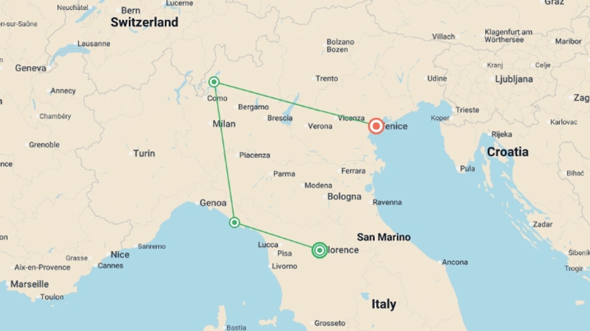 A map showing the tour itinerary for the trip: Solo-ish Italy, starting in Florence, Italy and ending in Venice, Italy going through 2 other destinations.