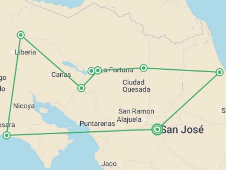 Map of San Jose Cultural, religious and historic sites Tour with 7 destination visits for the trip: Costa Rica Adventure