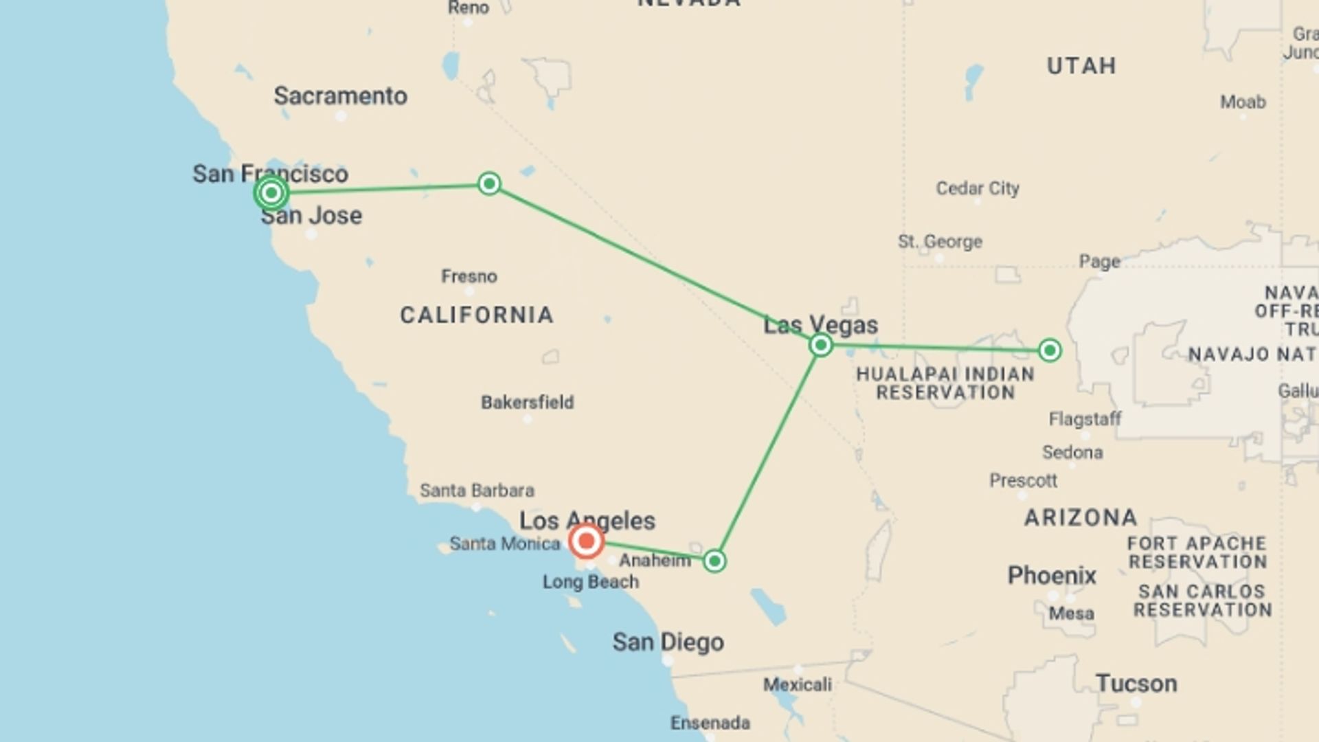 A map showing the tour itinerary for the trip: Western Highlights, starting in San Francisco, USA and ending in Los Angeles, USA going through 3 other destinations.