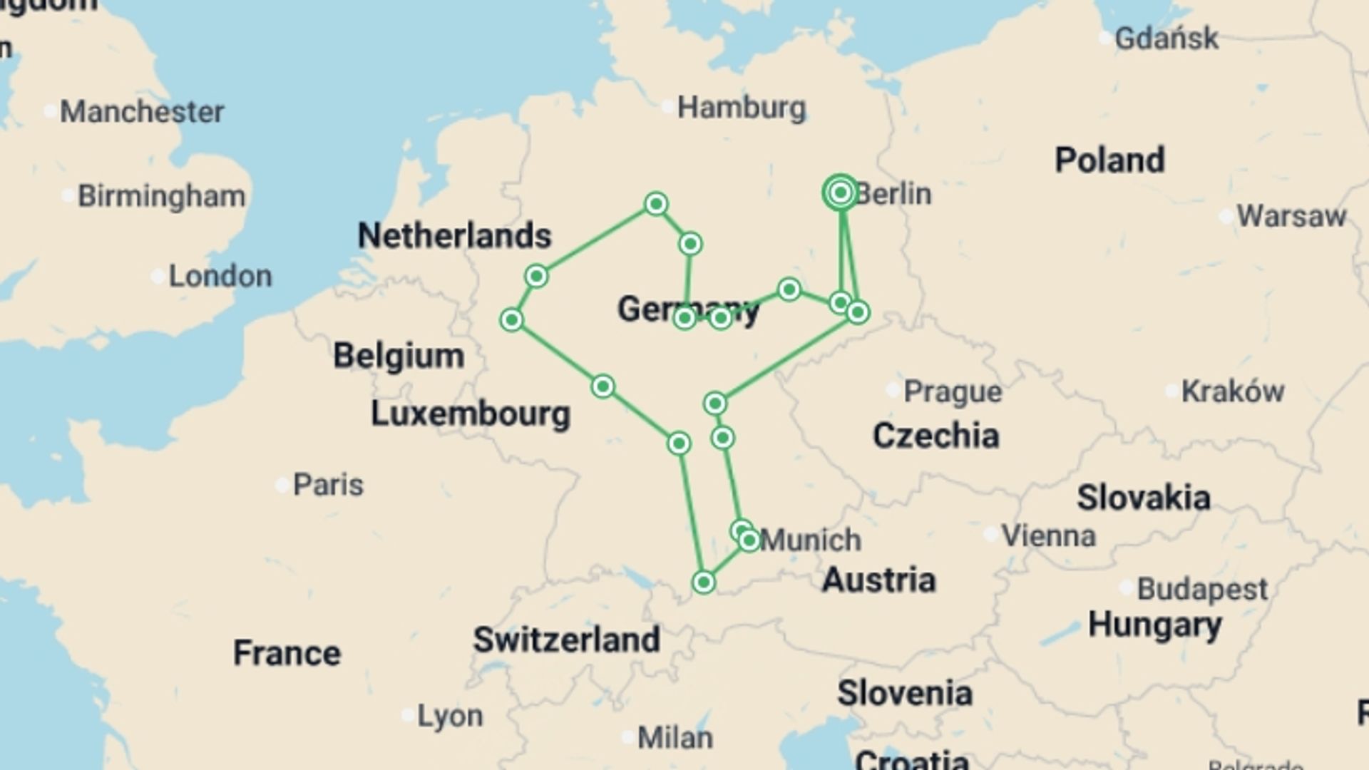 A map showing the tour itinerary for the trip: Great Cities and Castles Route, starting in Berlin, Germany and ending in Berlin, Germany going through 7 other destinations.