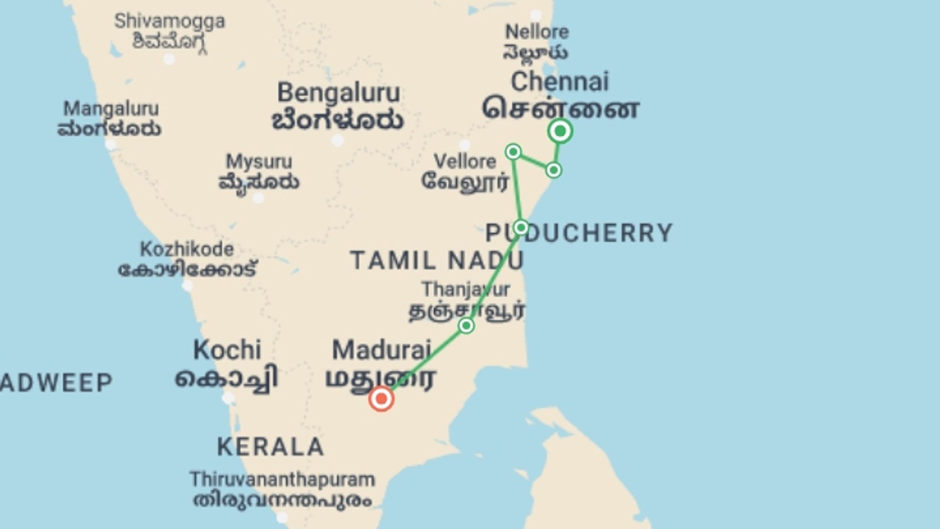 A map showing the tour itinerary for the trip: The Temple Run: Tamil Nadu , starting in Chennai, India and ending in Madurai, India going through 5 other destinations.