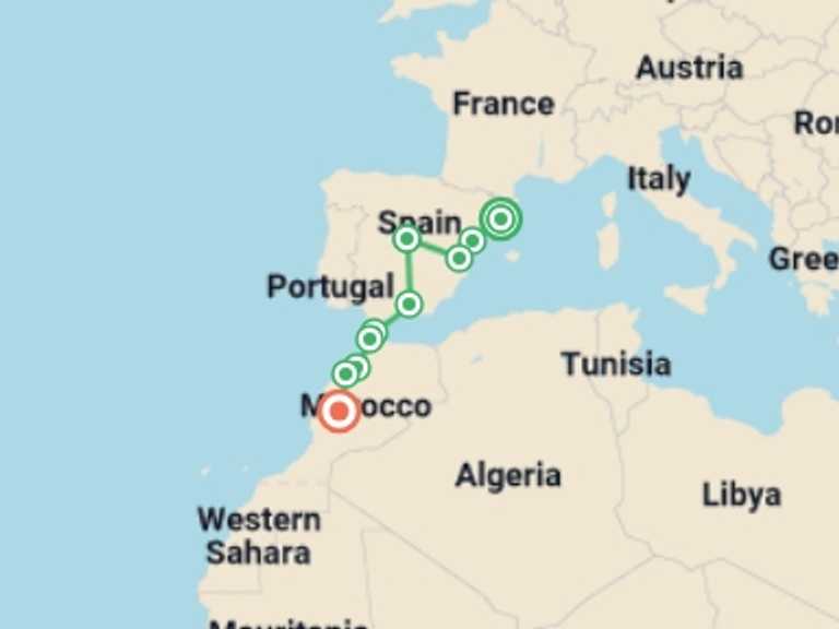 Map itinerary of Europe Tour in July 2026 with 5 destination visits for the trip: Spain and Magical Morocco end Marrakesh