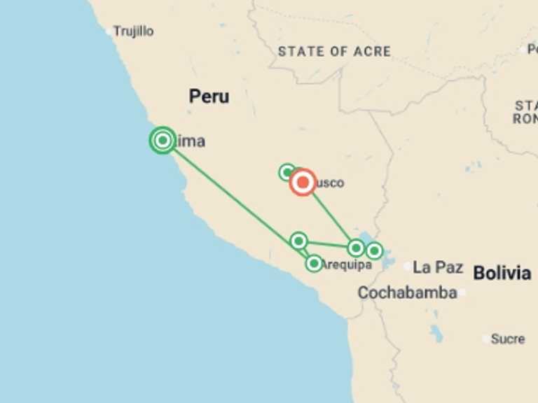 Map of South America Tour with 8 destination visits for the trip: Classic Peru