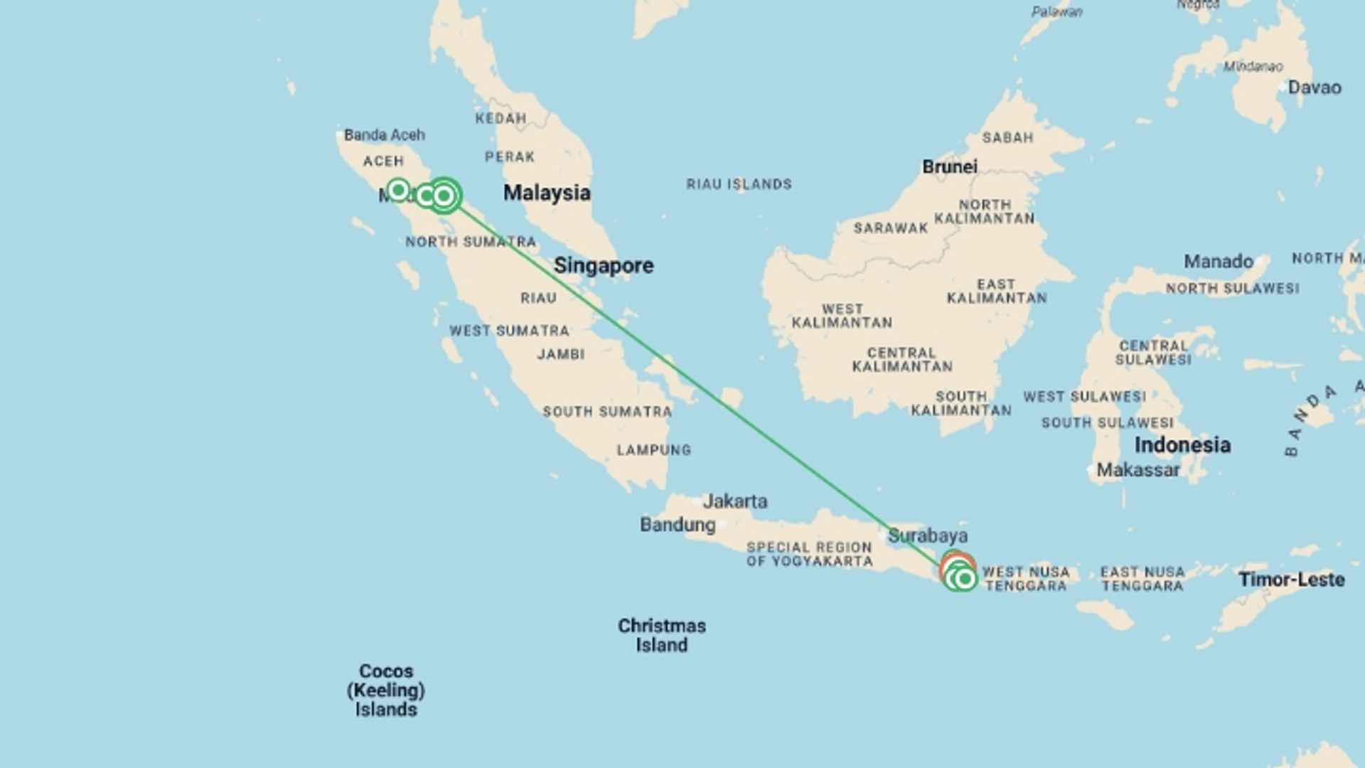 A map showing the tour itinerary for the trip: Sumatra to Nusa Lembongan: Wild Islands & Zen Beaches, starting in Medan, Indonesia and ending in Bali, Indonesia going through 7 other destinations.