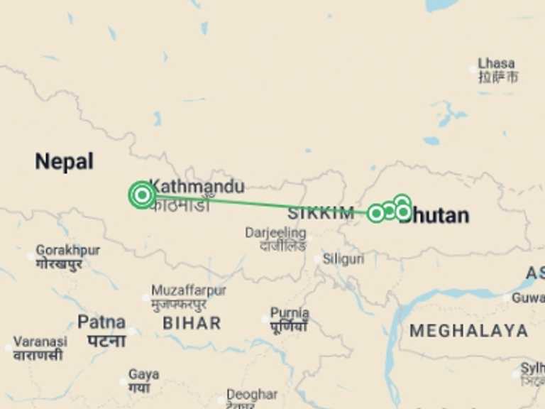 Map itinerary of Kathmandu Tour in Spring with 5 destination visits for the trip: Festivals of Bhutan