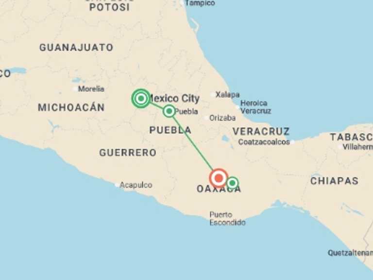 Map of a Sightseeing, attractions, culture and history Tour with 3 destination visits for the trip: Mexico City to Oaxaca