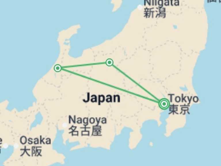 Map of Asia Tour with 3 destination visits for the trip: Japan Alpine & Cultural Discovery Tour