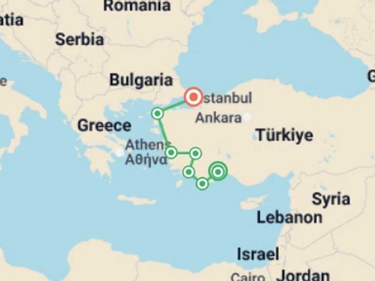 Map itinerary of Europe Tour in April 2027 with 9 destination visits for the trip: Upgraded - Discover Turkey