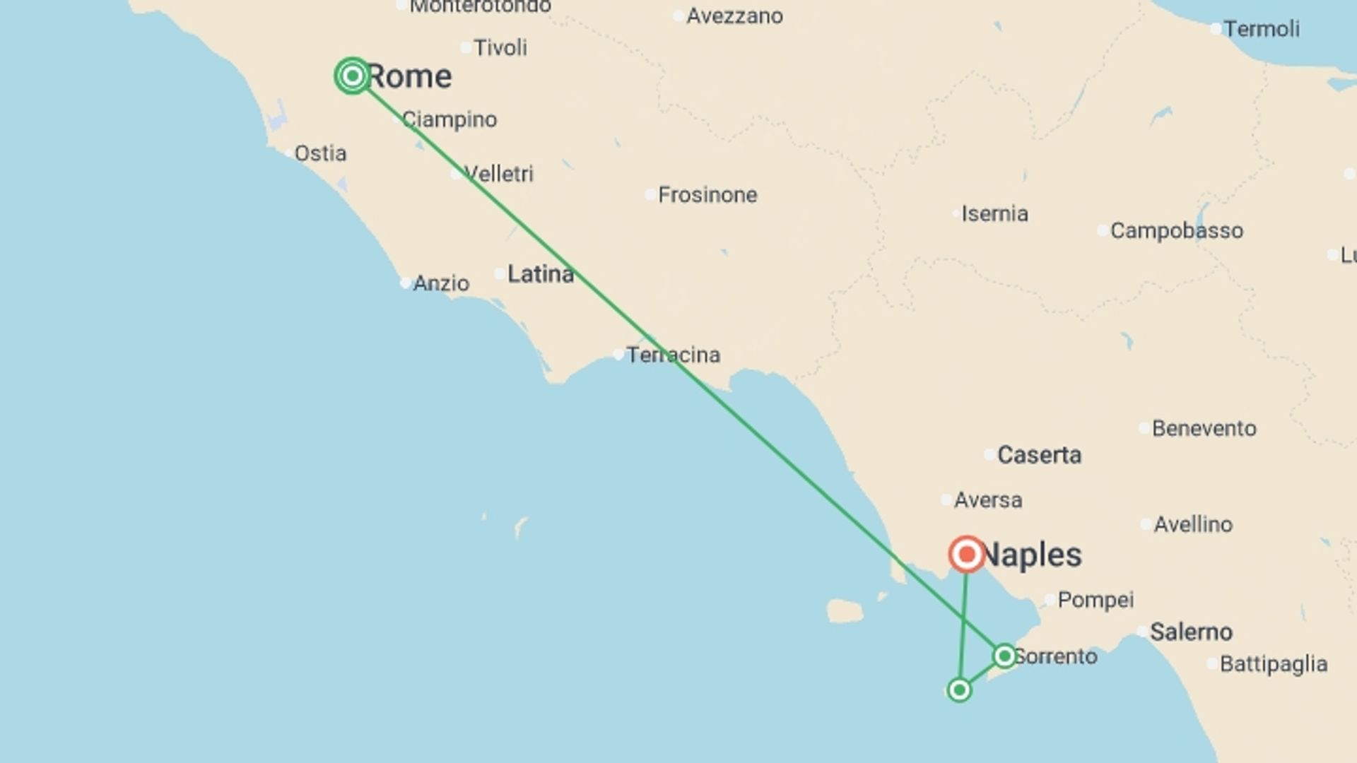 A map showing the tour itinerary for the trip: La Dolce Vita, Private Tour, starting in Rome, Italy and ending in Naples, Italy going through 2 other destinations.