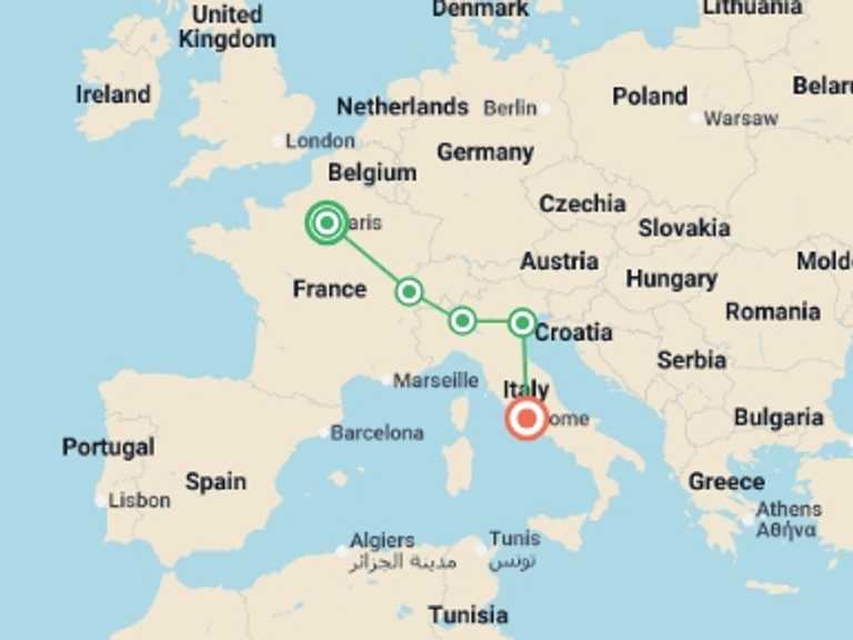Map itinerary of Europe Tour in May 2026 with 5 destination visits for the trip: Paris to Rome by Train