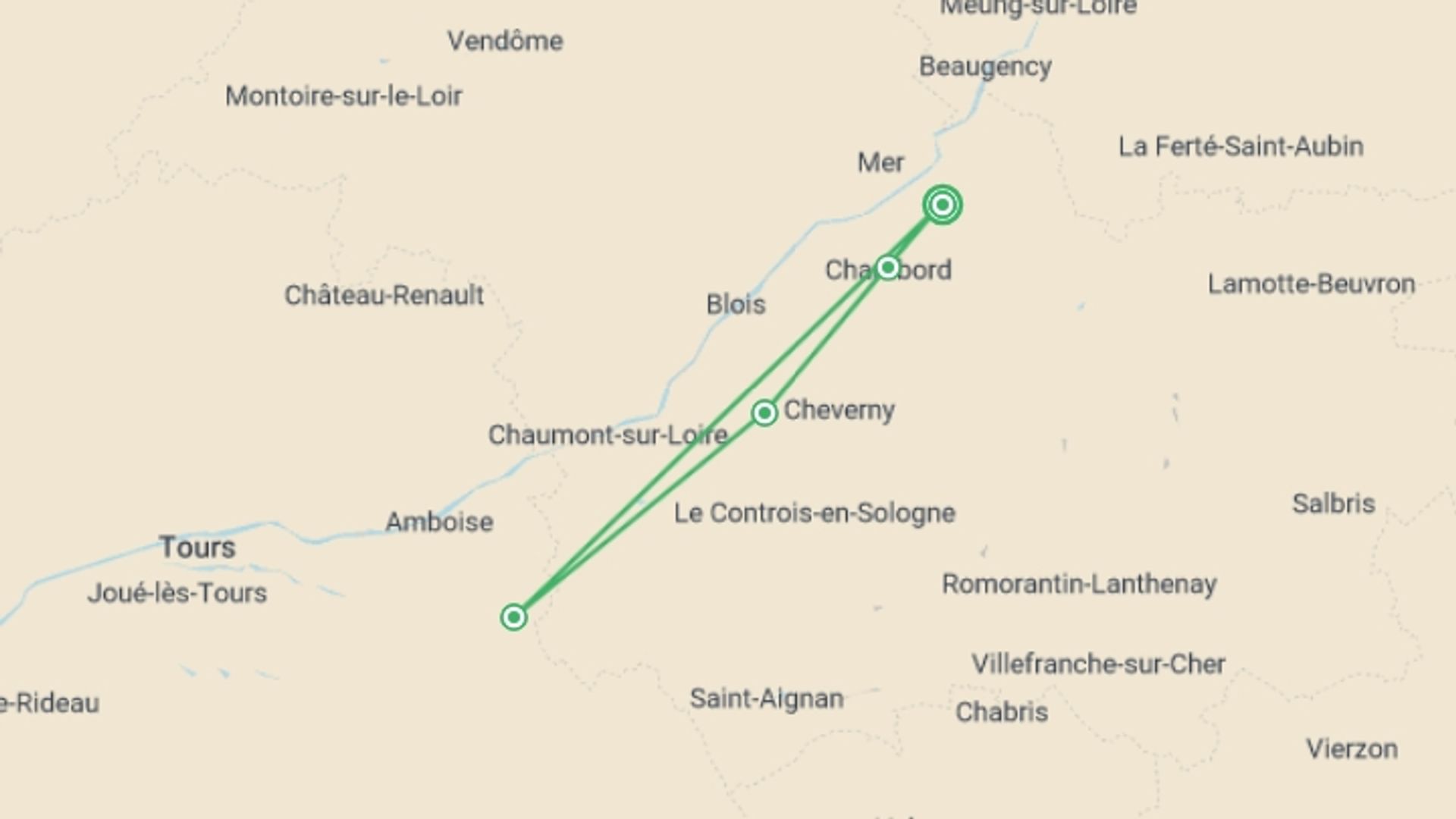 A map showing the tour itinerary for the trip: Chateaux of the Loire Walk, starting in Val de Loire, France and ending in Val de Loire, France going through 2 other destinations.