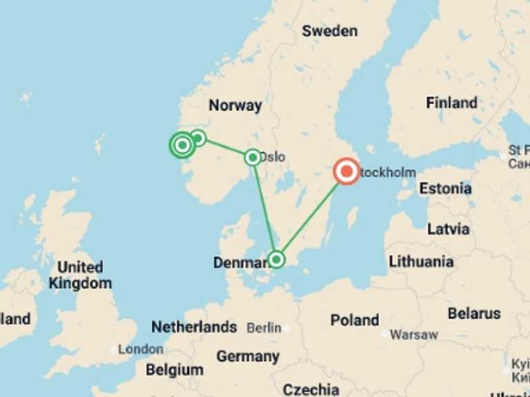 Map of Europe Tour with 5 destination visits for the trip: Discover Scandinavia