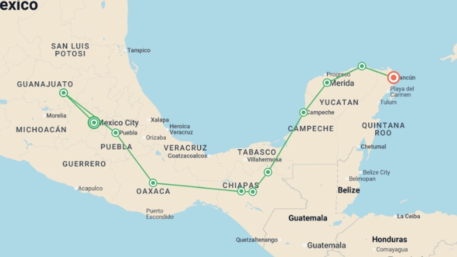 A map showing the tour itinerary for the trip: Mexican Roots and Routes, starting in Mexico City, Mexico and ending in Cancún, Mexico going through 9 other destinations.