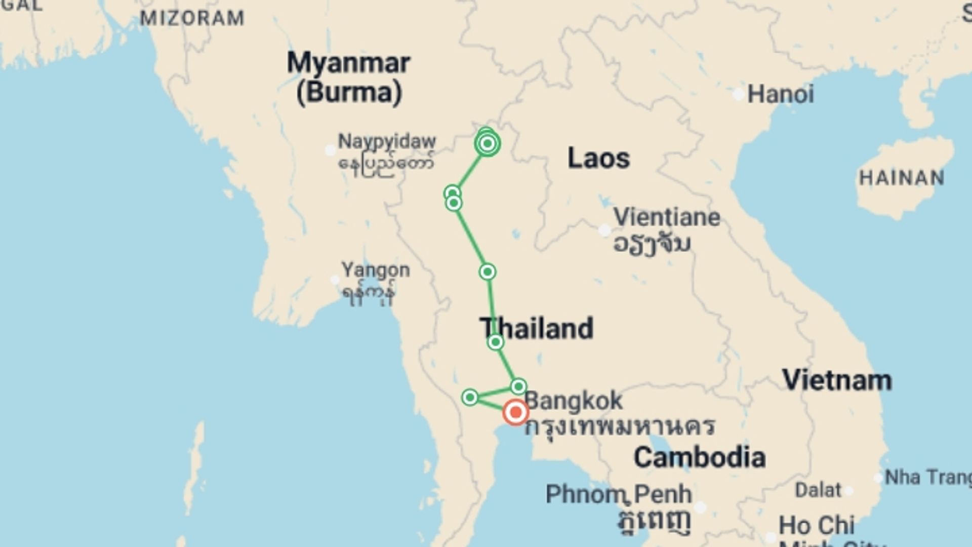 A map showing the tour itinerary for the trip: Thailand Grand Tour, Small Group Tour (english Only), starting in Chiang Rai, Thailand and ending in Bangkok, Thailand going through 4 other destinations.
