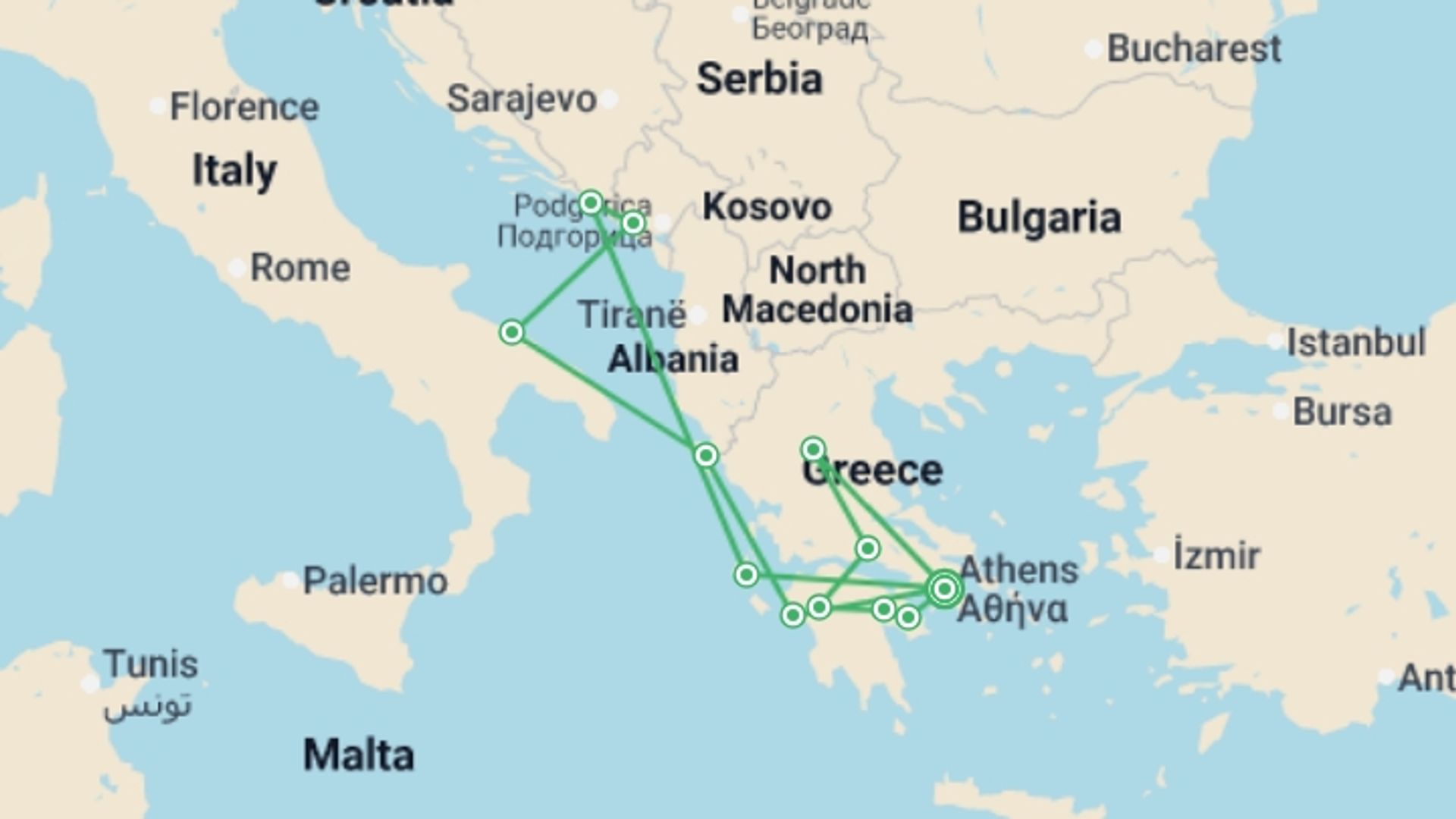 A map showing the tour itinerary for the trip: Wonders of Ancient Greece & Adriatic Cruise - 14 days, starting in Athens, Greece and ending in Athens, Greece going through 9 other destinations.