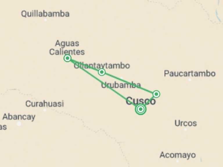 Map of Peru Tour with 5 destination visits for the trip: Sacred Valley Tour & Short Inca Trail 3 Days