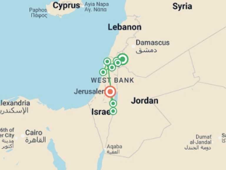 Map of 5-Day Asia Tour with 6 destination visits for the trip: Classical Israel Tour Package, 5 Days From Jerusalem