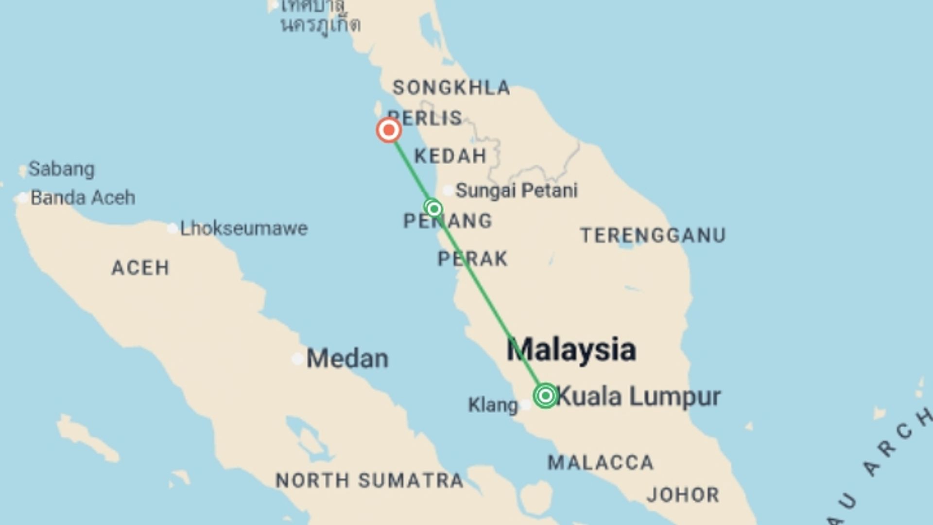 A map showing the tour itinerary for the trip: Kuala Lumpur, Penang & Langkawi - 12 days, starting in Kuala Lumpur, Malaysia and ending in Langkawi, Malaysia going through 2 other destinations.