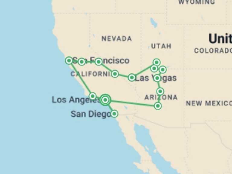 Map of Mammoth Lakes Tour with 10 destination visits for the trip: Los Angeles, Las Vegas & San Francisco - 15 days