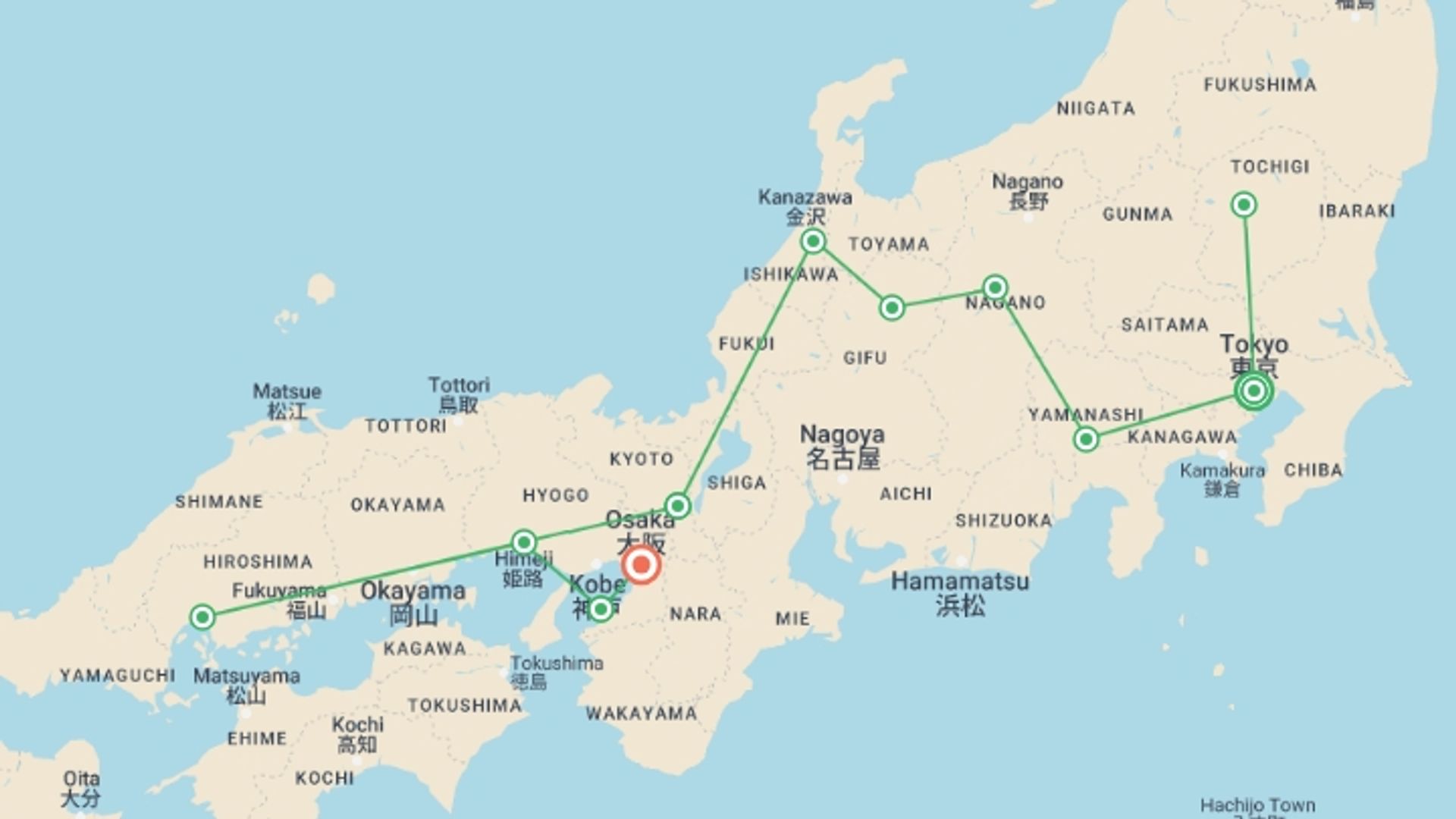 A map showing the tour itinerary for the trip: Japan Cherry Blossom Tour: Cherry Blossom Viewing in Japan, starting in Tokyo, Japan and ending in Osaka, Japan going through 7 other destinations.