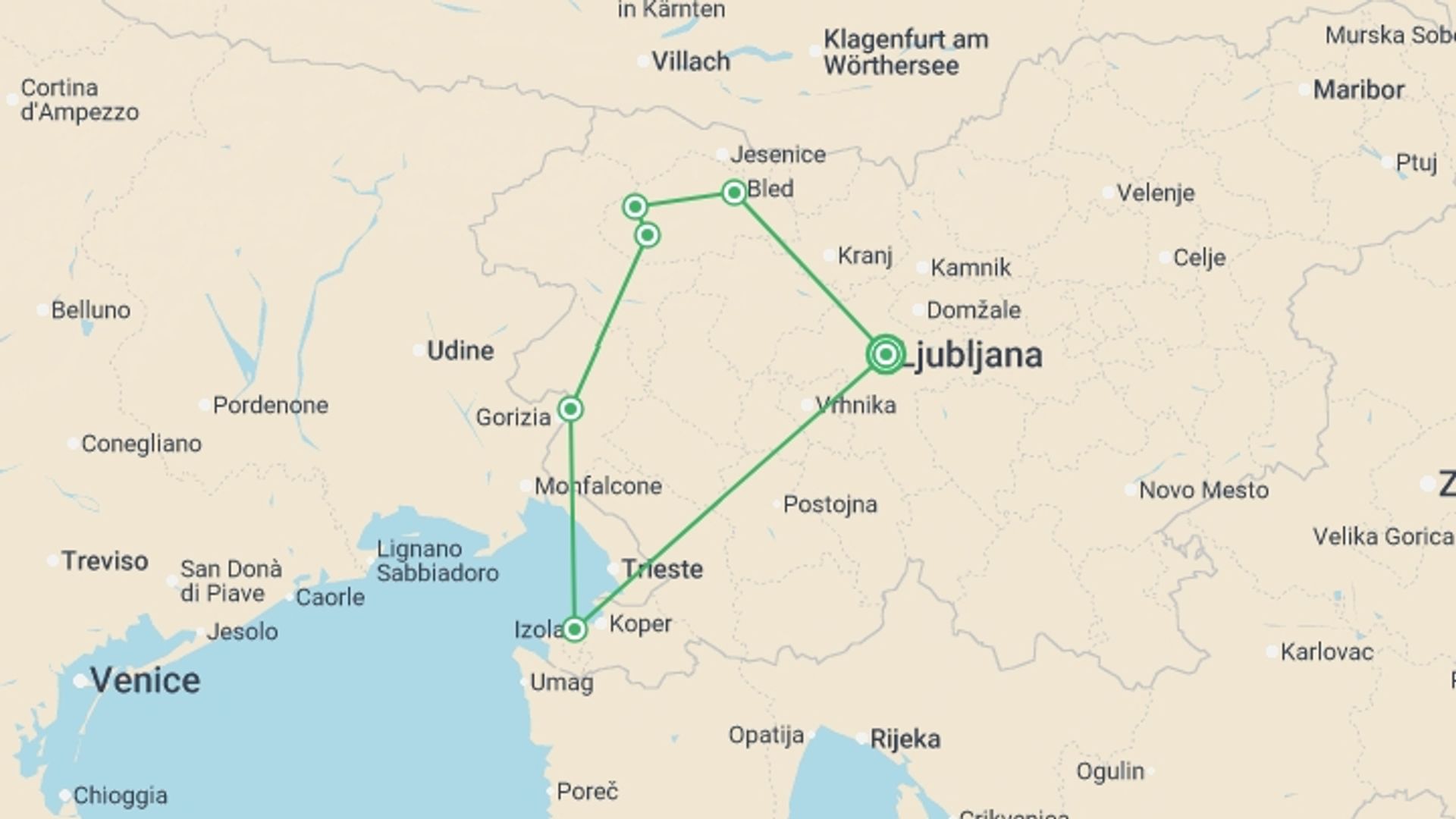 A map showing the tour itinerary for the trip: Alpine Lakes of Slovenia, starting in Ljubljana, Slovenia and ending in Ljubljana, Slovenia going through 5 other destinations.