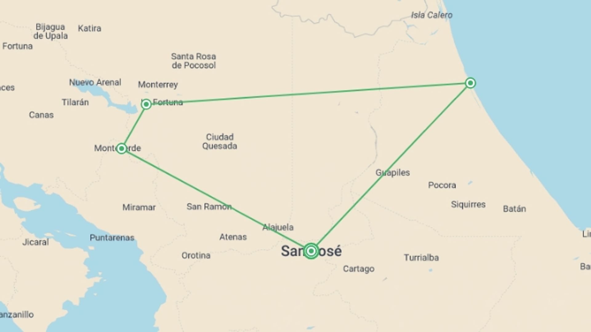 A map showing the tour itinerary for the trip: Best of Costa Rica, starting in San Jose, Costa Rica and ending in San Jose, Costa Rica going through 3 other destinations.