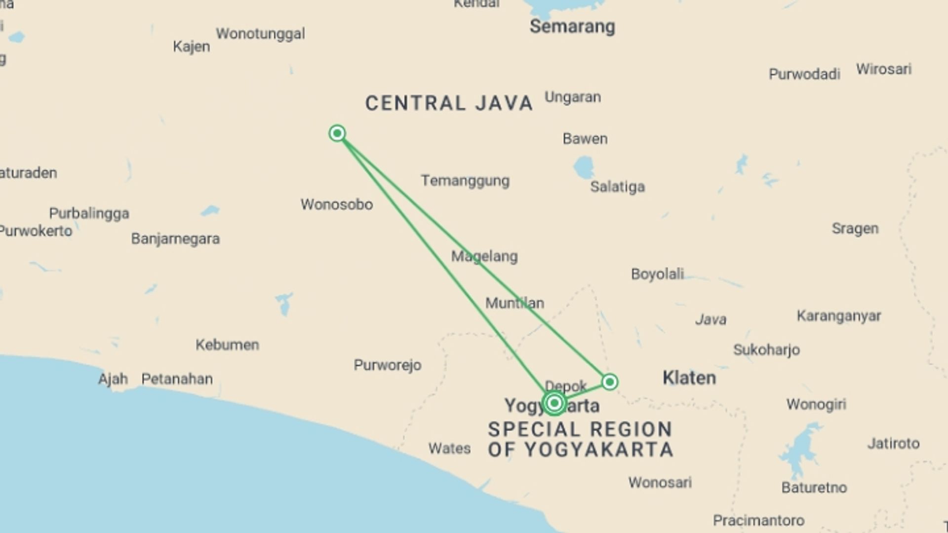 A map showing the tour itinerary for the trip: Yogyakarta Culture & Historical Tour, starting in Yogyakarta, Indonesia and ending in Yogyakarta, Indonesia going through 2 other destinations.