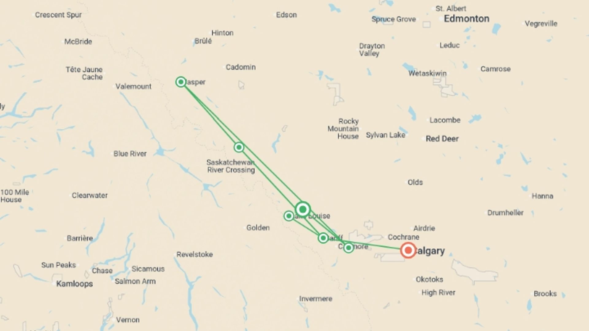 A map showing the tour itinerary for the trip: Spectacular Rockies and Glaciers of Alberta, starting in Banff National Park, Canada and ending in Calgary, Canada going through 5 other destinations.