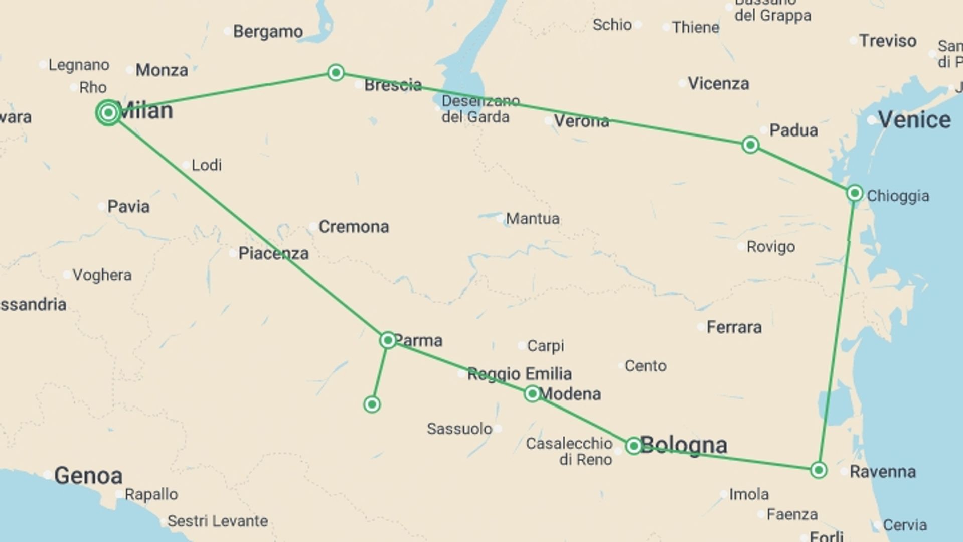 A map showing the tour itinerary for the trip: A Taste of Medieval Italy, starting in Milan, Italy and ending in Milan, Italy going through 4 other destinations.