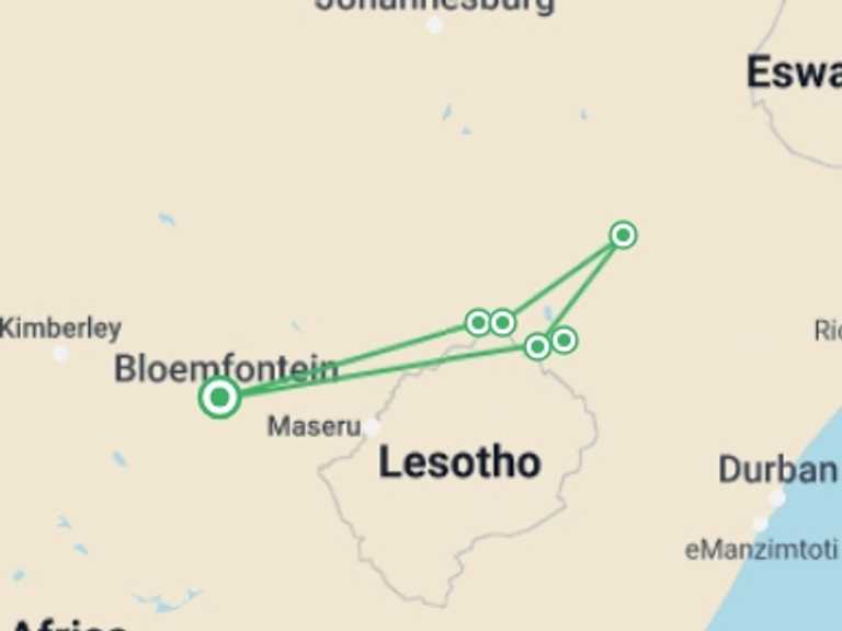 Map itinerary of South Africa Tour in September 2027 with 6 destination visits for the trip: Northern Drakensberg Tour