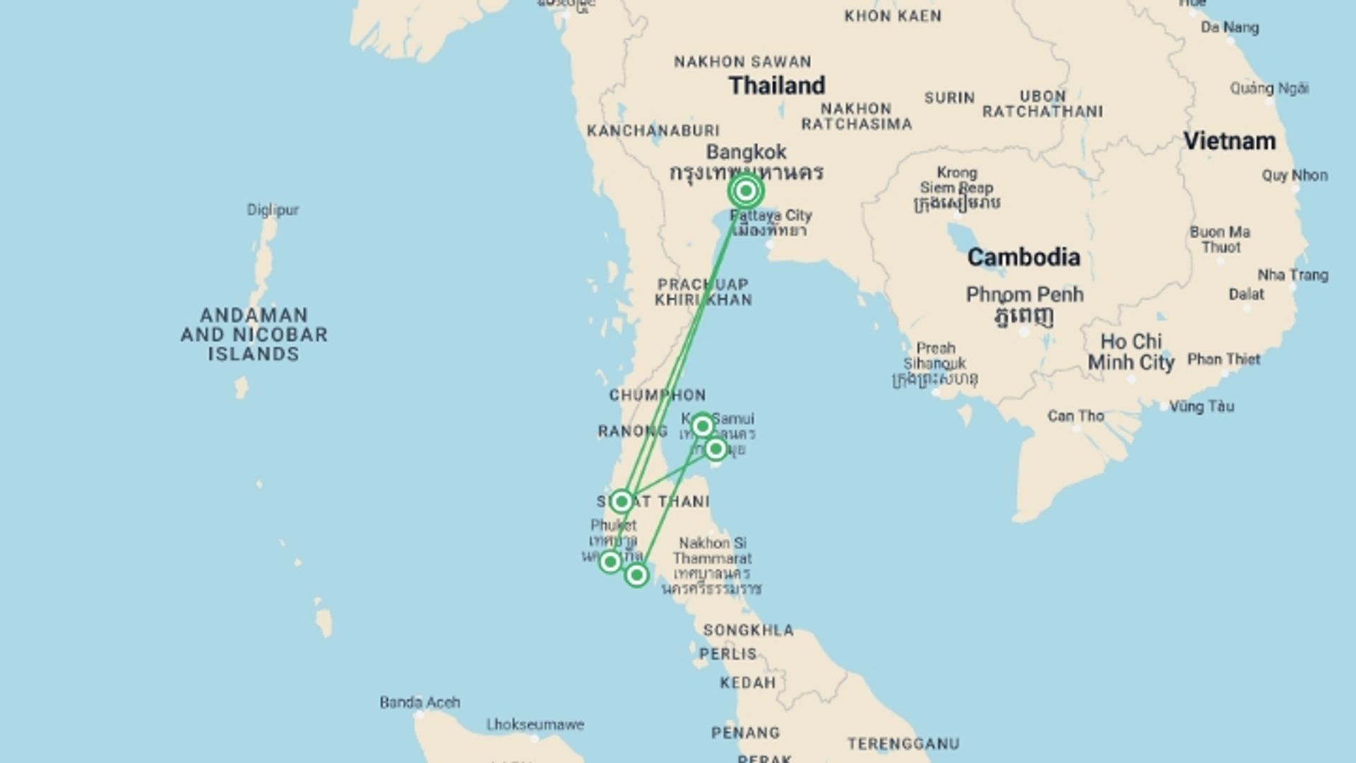 A map showing the tour itinerary for the trip: Thailand Island Hopper, starting in Bangkok, Thailand and ending in Bangkok, Thailand going through 8 other destinations.