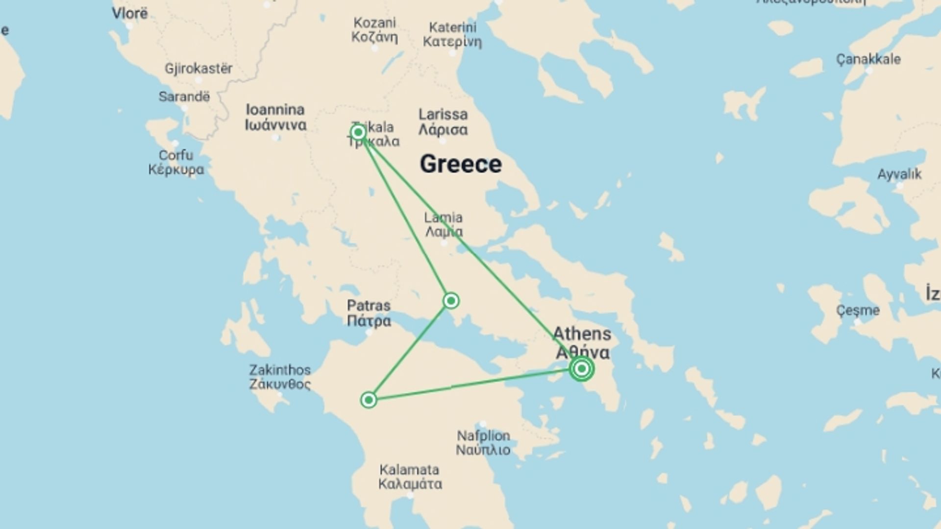 A map showing the tour itinerary for the trip: Charming Greece Tour - 7 days, starting in Athens, Greece and ending in Athens, Greece going through 5 other destinations.