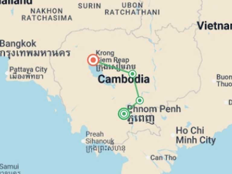 Map itinerary of Cambodia Tour in Fall with 4 destination visits for the trip: Cycling Cambodia - 7 days