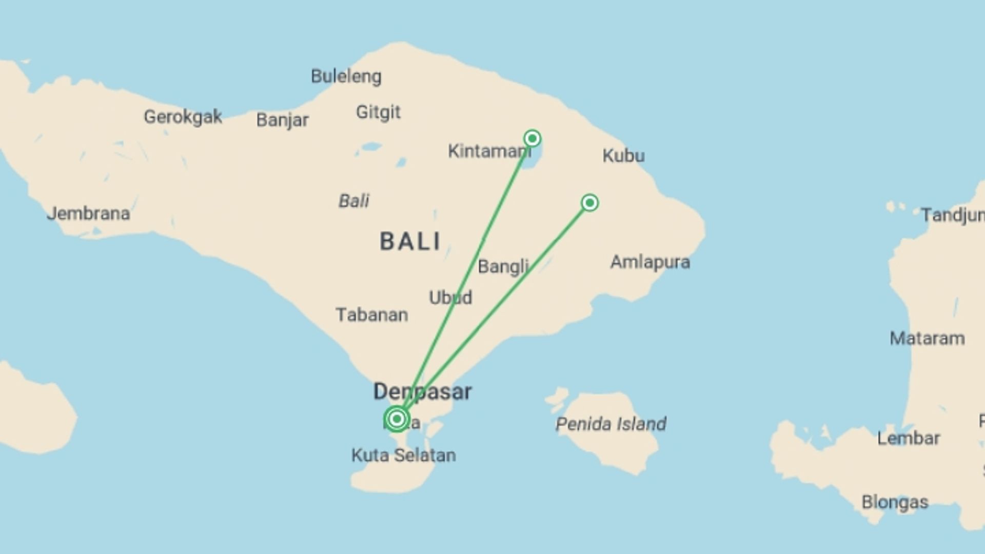 A map showing the tour itinerary for the trip: Camp Under the Stars on a Volcano 2D/1N, starting in Kuta, Indonesia and ending in Kuta, Indonesia going through 0 other destinations.