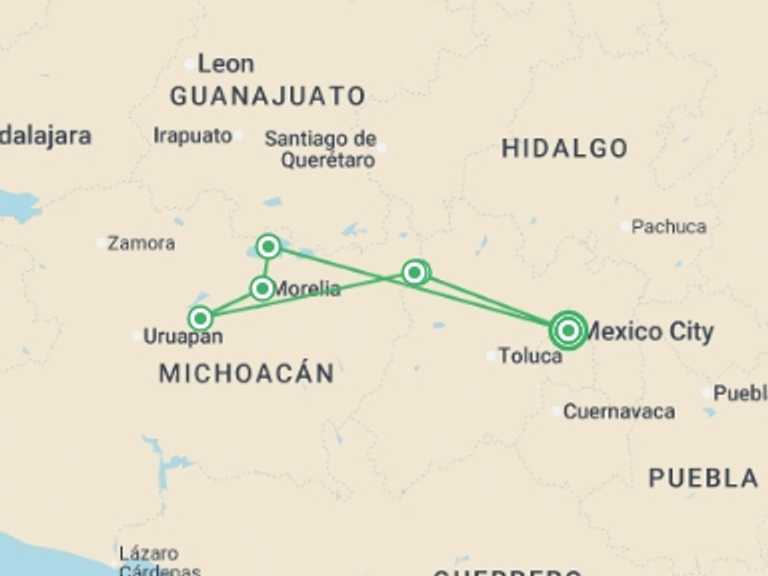 Map of 5-Day Mexico City Tour with 2 destination visits for the trip: Mexico City and the Heart of Michoacán