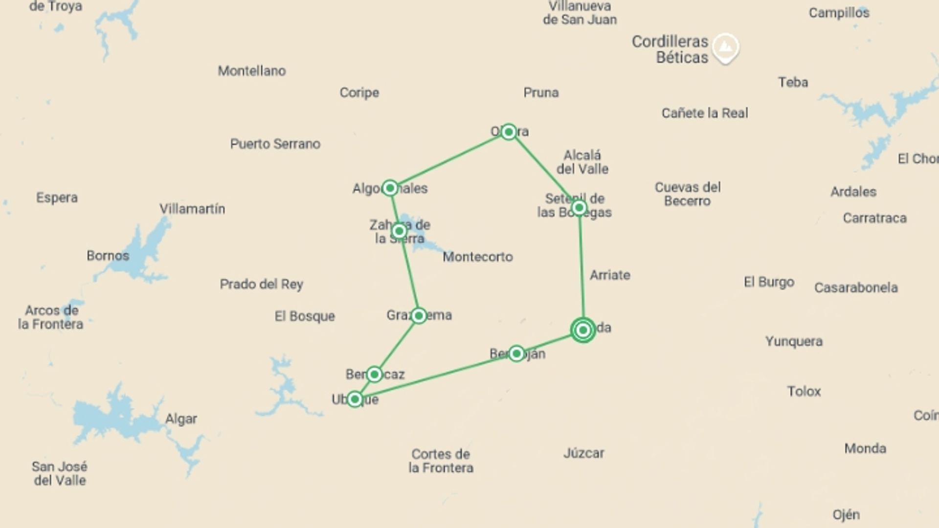 A map showing the tour itinerary for the trip: Ronda and the Sierra de Grazalema by Bike, starting in Ronda, Spain and ending in Ronda, Spain going through 4 other destinations.