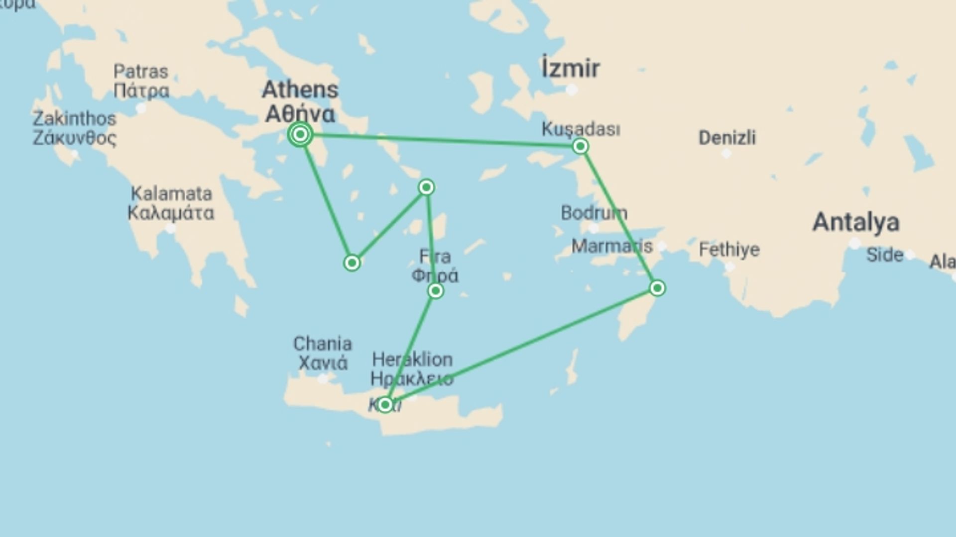 A map showing the tour itinerary for the trip: Athens with 07 Nights Greek Islands Cruise, starting in Athens, Greece and ending in Athens, Greece going through 6 other destinations.