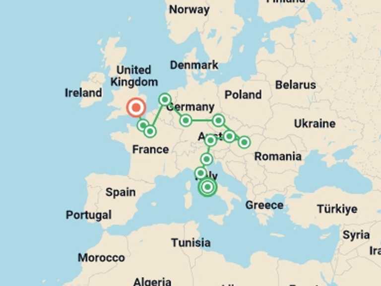 Map itinerary of Paris Tour in November 2025 with 12 destination visits for the trip: European Dance