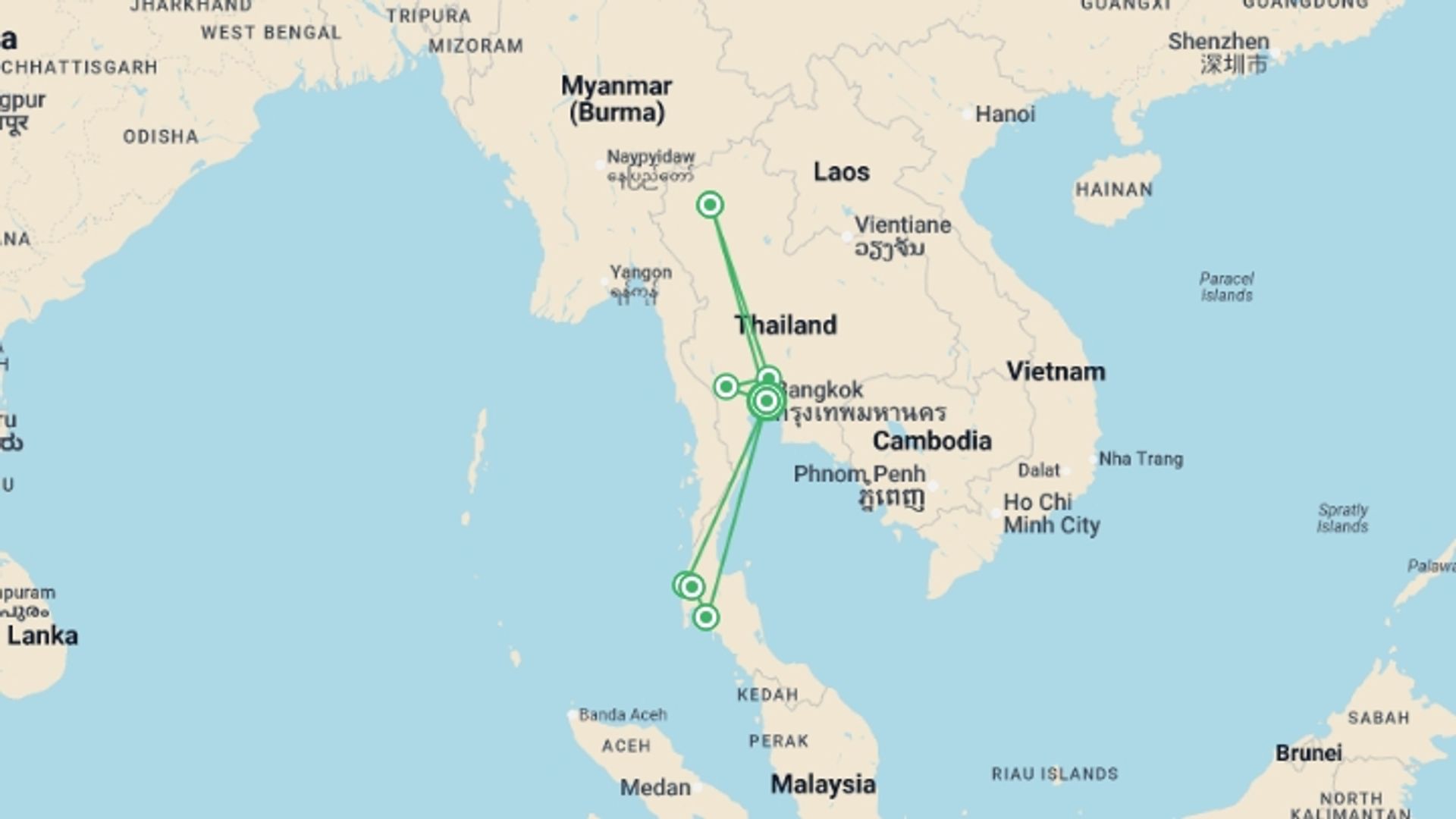 A map showing the tour itinerary for the trip: Journeys: Iconic Thailand, starting in Bangkok, Thailand and ending in Bangkok, Thailand going through 6 other destinations.